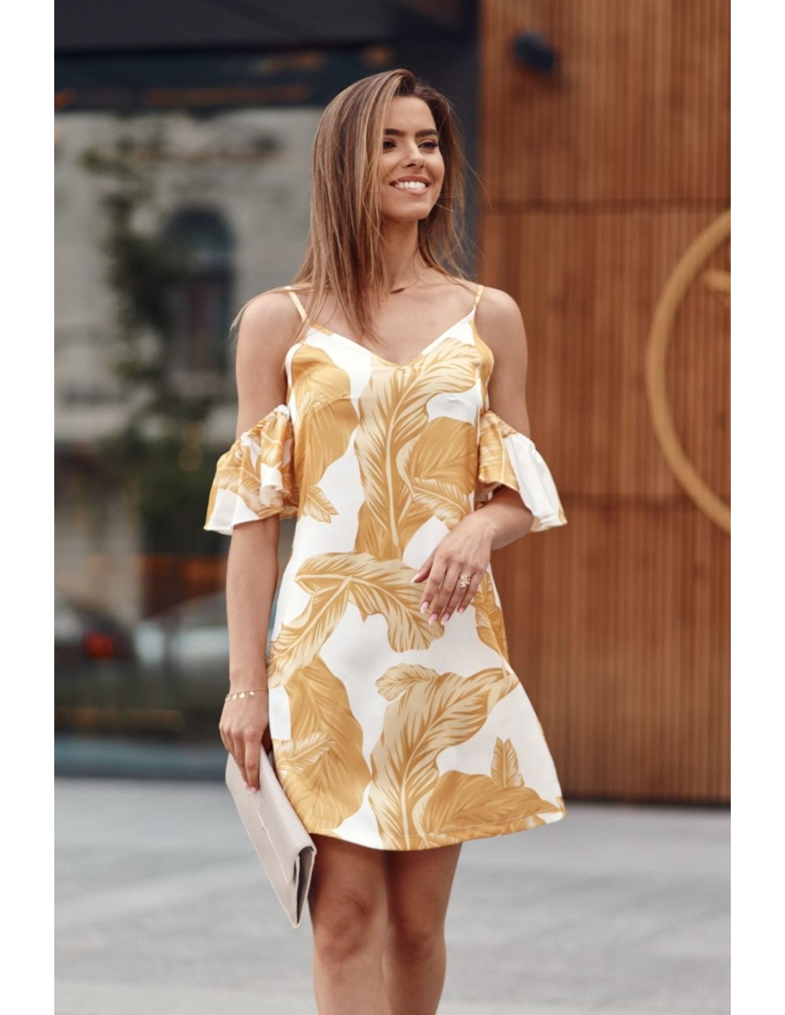 Cream dress with straps and sleeves with yellow leaves PR3215 - Online store - Boutique